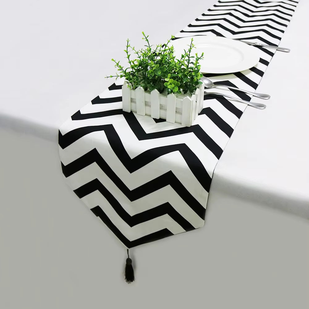 Elegant Black and White Striped Table Runner with Tassels - Perfect for Home Decor, Parties, and TV Cabinets